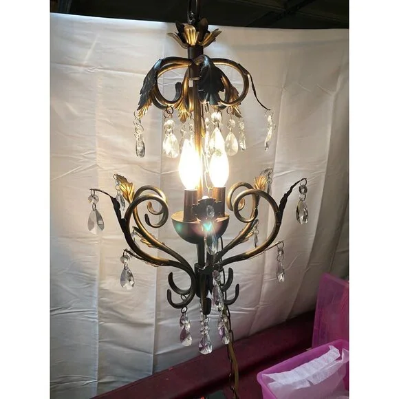 Chandelier 3 Light Antique Rubbed Brass Leaf Scroll 31 2-Tier Prism Crystals - Picture 8 of 16